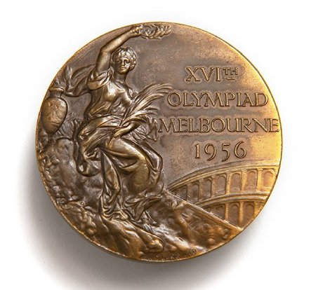 Front: Melbourne 1956 bronze medal, seated Nike, Colosseum in background