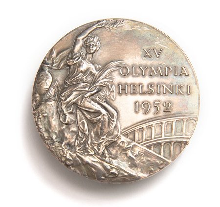 Front: Helsinki 1952 silver medal, seated Nike, Colosseum in background