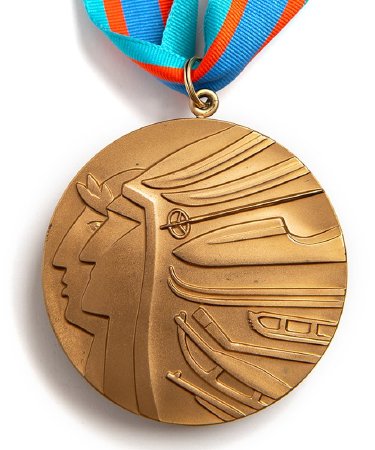 Front: Calgary 1988 bronze medal, laureated athlete and Native American