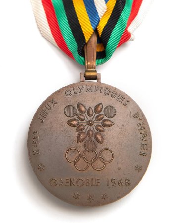 Front: Grenoble 1968 bronze medal, Grenoble Olympic emblem with legend