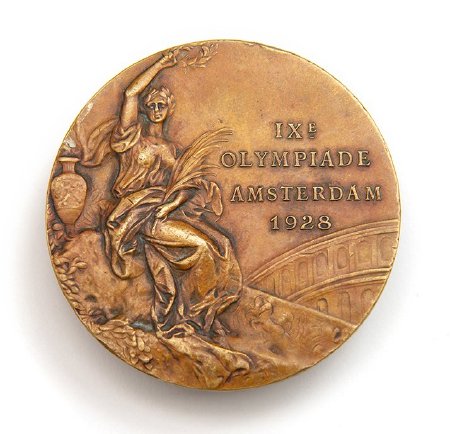 Front: Amsterdam 1928 bronze medal, Nike seated holding laurel wreath