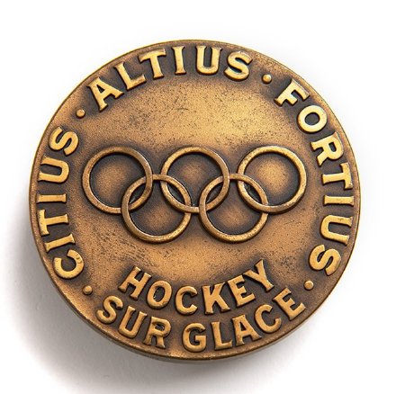 Back: Squaw Valley 1960 bronze medal, Olympic motto & rings, Ice Hockey