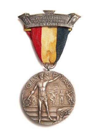 Front: St. Louis 1904 silver medal, victorious athlete holding wreath